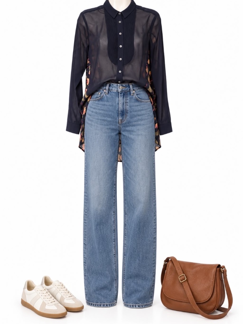 Maeve Anthropologie Navy Floral Sheer Tuxedo Blouse Size 0